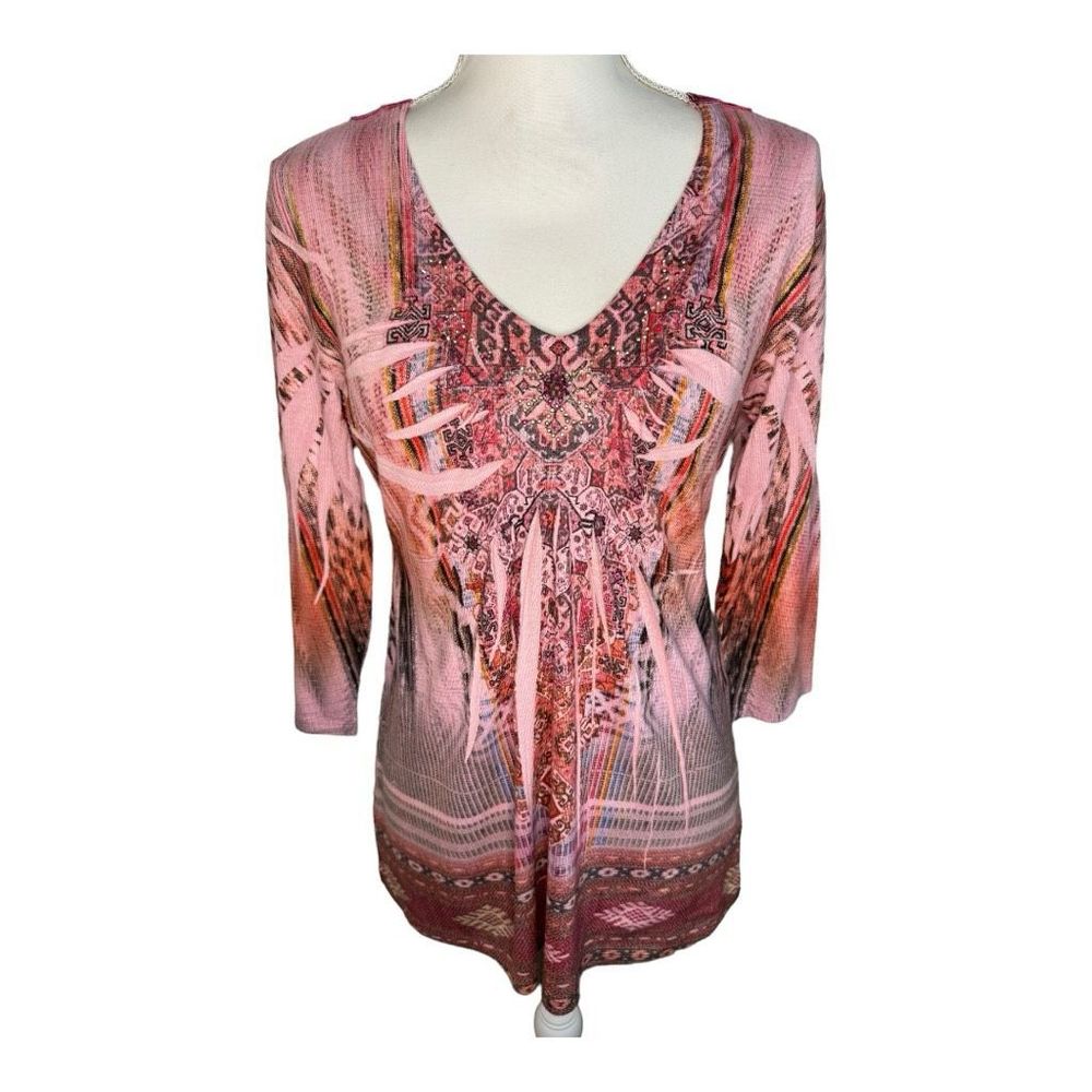 ONE WORLD Pink and Maroon Printed V-Neck Blouse